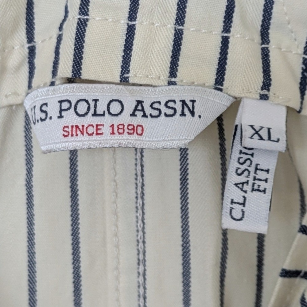 US Polo Assn Pinstripe Overall Dress Women XL Cream Navy Blue Classic Pinafore - Picture 3 of 9